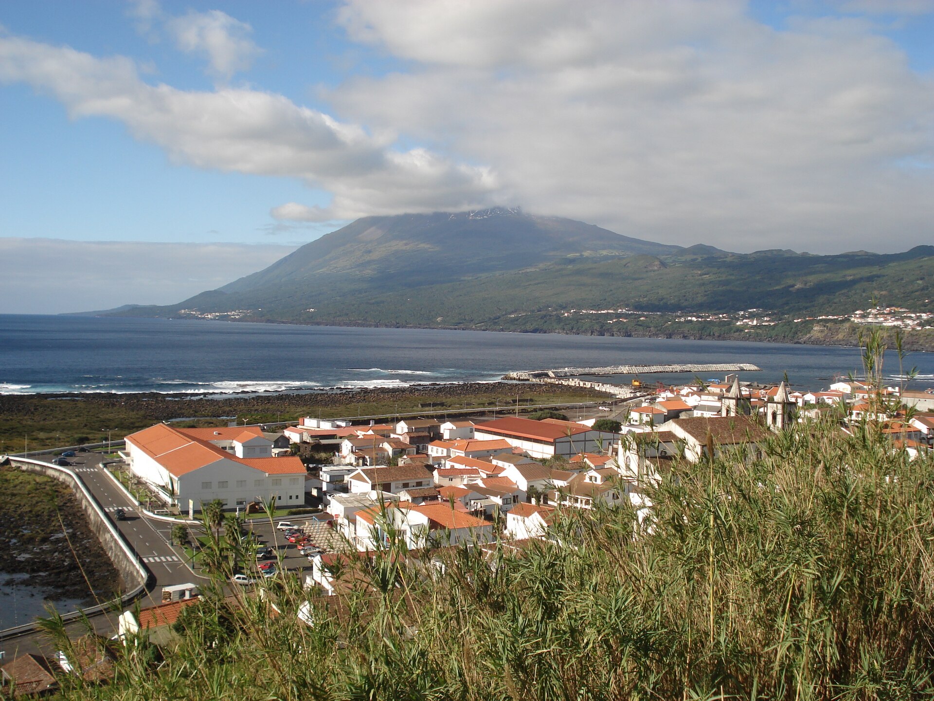 Lajes do Pico on the south coast with the volcano rising behind the town